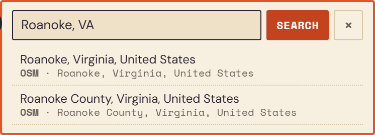 The add-stop search box with two Roanoke results below it