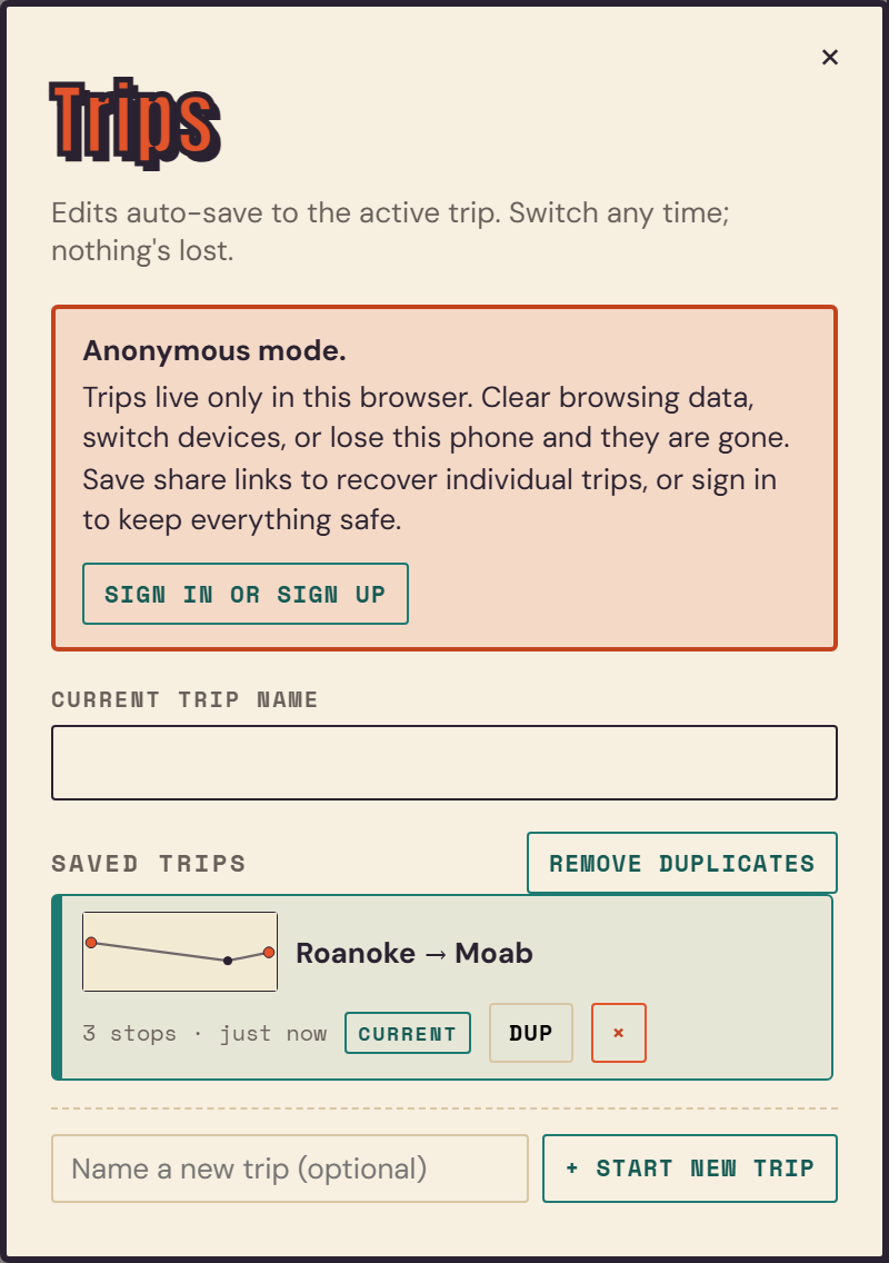 The Trips panel listing a saved trip with thumbnail, Current badge, Duplicate and delete buttons, plus a Start new trip field
