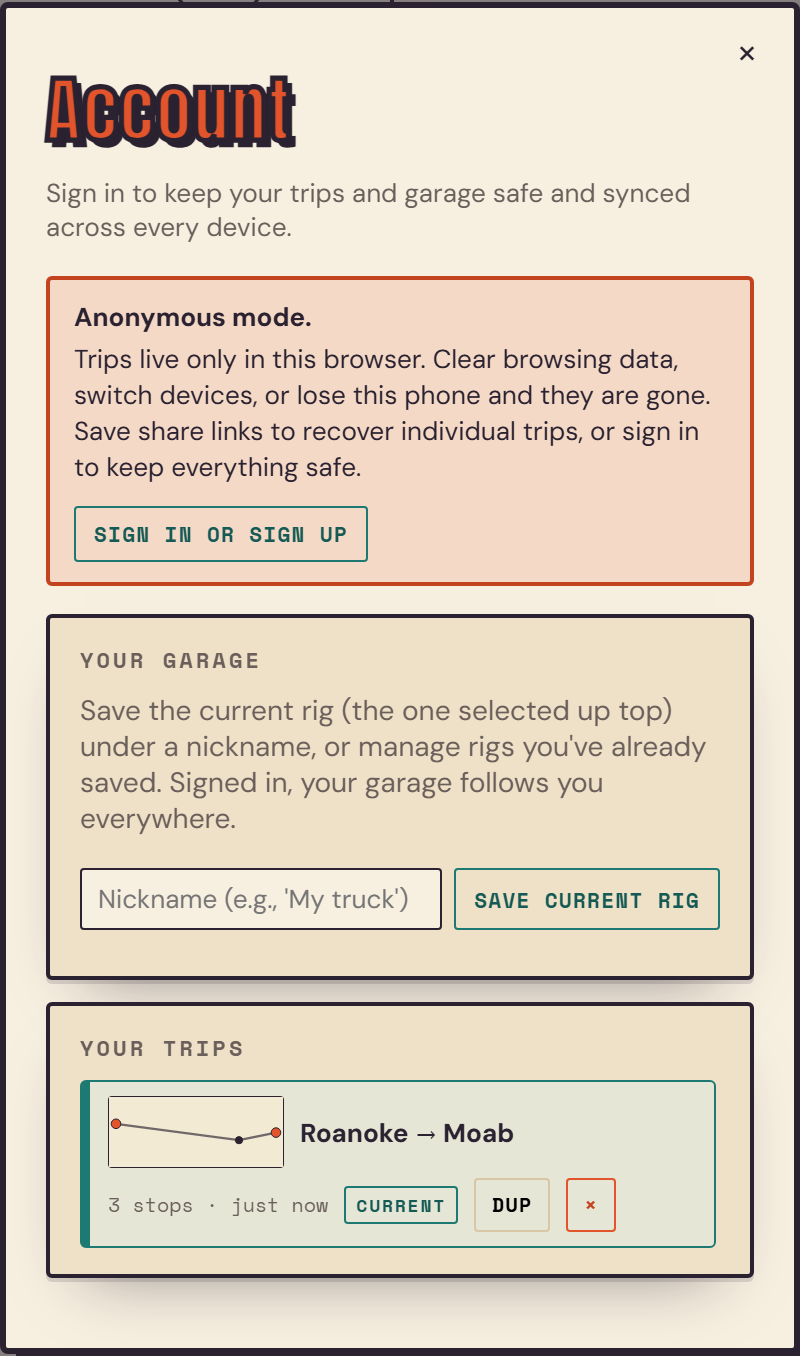 The Account panel showing anonymous mode with a sign-in button, a garage section, and a saved trip